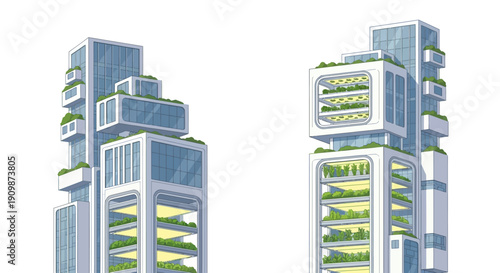 Futuristic buildings with green balconies and modern architecture.