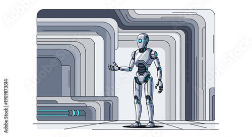 Futuristic Robot Standing in Modern Architectural Space.