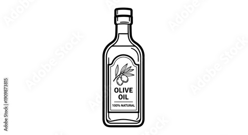 A simple illustration of an olive oil bottle with a label featuring an olive branch on a transparent background from a front viewpoint
