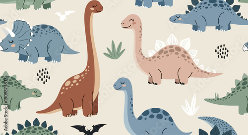A vibrant pattern featuring various dinosaurs in different poses and colors on a neutral background
