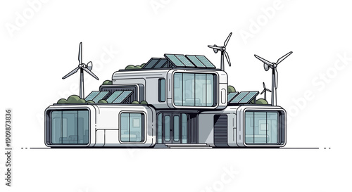 Modern eco-friendly house with wind turbines and solar panels.