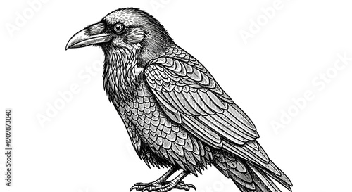A detailed black and white illustration of a crow perched, viewed from the side, showcasing its textured feathers and sharp beak.