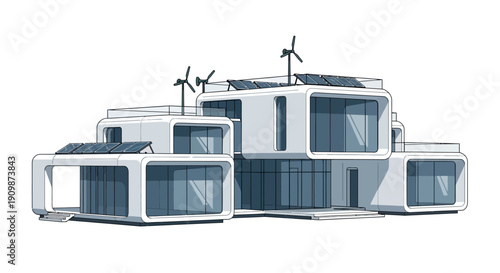 Modern eco-friendly house with solar panels and wind turbines.