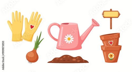 Gardening tools and plants arranged on a flat surface, showing gardening essentials and flowers in pots.