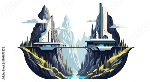 Futuristic landscape with futuristic buildings and cliffs.