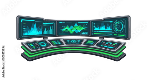 Futuristic control panel with glowing green and blue screens.