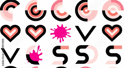 Graphic design elements arranged in a grid showcasing abstract shapes and love symbols