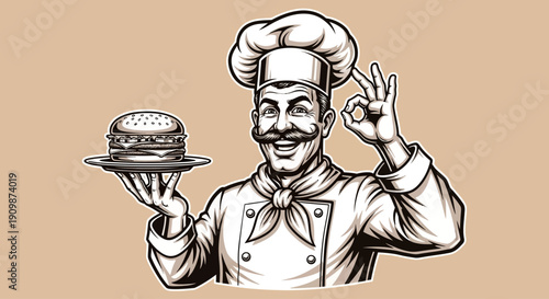 A chef proudly holding a burger and giving an okay sign in a kitchen illustration