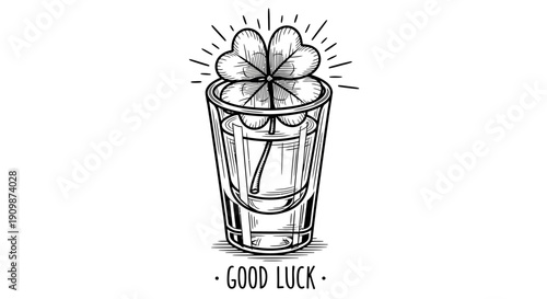 A four-leaf clover floats in a glass of liquid, symbolizing good fortune, from a straightforward viewpoint
