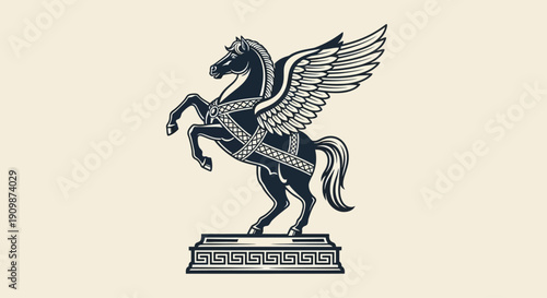 A winged horse illustration standing on a pedestal with intricate details, viewed from the side