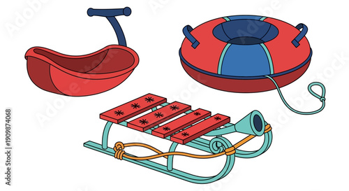 Winter sports equipment including sled, toboggan, and inflatable tube ready for snowy adventures