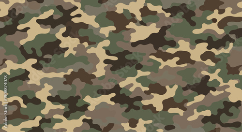 Military camouflage pattern illustration featuring abstract shapes in muted earth tones from a close-up viewpoint