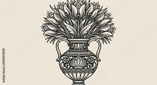 An ornate vase overflowing with flowers and leaves, standing alone on a surface, depicted in a detailed black and white illustration from a front viewpoint
