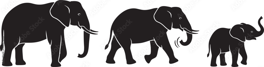 Fototapeta premium Black elephant silhouettes, family of three walking, vector illustration, isolated on transparent background, png