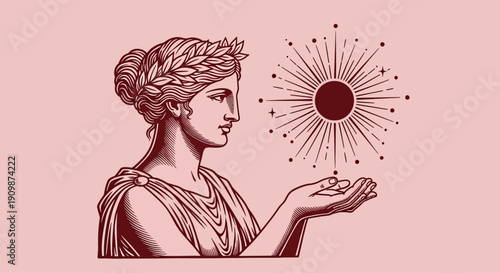 Ancient Greek goddess holding a celestial body with radiant energy emanating from it in a serene illustration