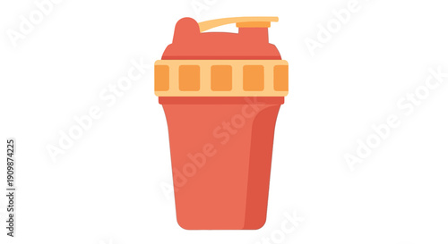 A vibrant red protein shaker bottle with a yellow lid and cap on a clean white background from a front viewpoint