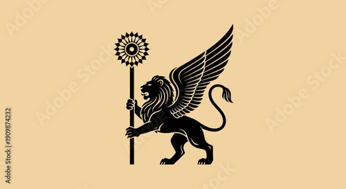 Mythical Creature Illustration Featuring a Winged Lion with a Staff and Sunburst Emblem