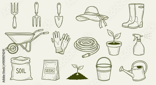 Gardening tools and supplies neatly arranged for planting and nurturing plants in a serene garden setting from a straightforward viewpoint