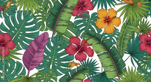 Vibrant tropical leaves and flowers in a lush botanical arrangement viewed from directly above