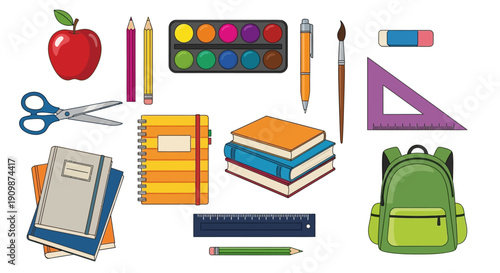 Assorted school supplies including books, pencils, scissors, and a backpack arranged neatly on a flat surface, viewed from directly above.