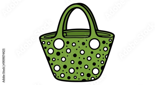 A green polka dot tote bag with black and white circles on a plain background