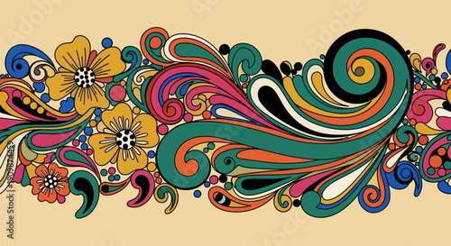 Vibrant floral illustration with swirling patterns and colorful blooms in a stylized design viewed from directly above
