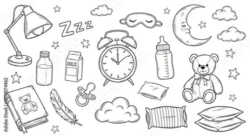 A serene nursery scene with soft toys, baby essentials, and sleepy time elements depicted in a soothing black and white illustration surrounded by stars and clouds.