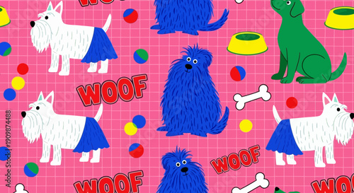 Pattern of cartoon dogs and bones on a pink background viewed from directly above