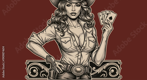 Woman in cowboy attire holding playing cards in a vintage illustration style