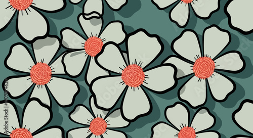 Illustration of white flowers with red centers on a green background viewed from above in a repeating pattern