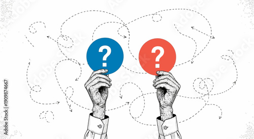 Two hands holding question mark signs amidst swirling dotted lines and shapes in a conceptual illustration