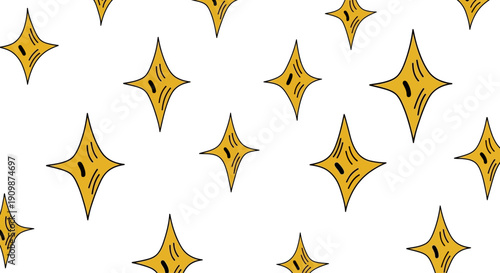 Golden star shapes scattered across a seamless pattern with varying orientations