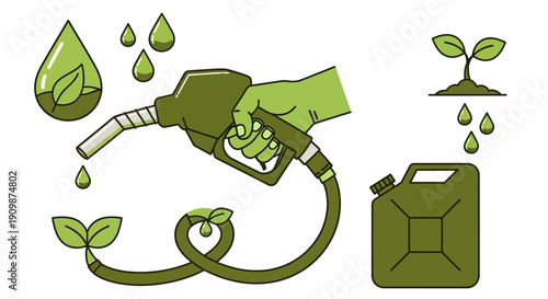 Illustration of a hand holding a green fuel nozzle with leaves and a canister beside it