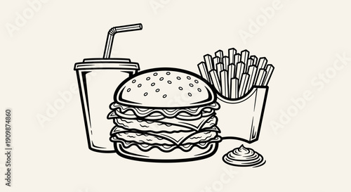 A fast food meal consisting of a burger, fries, and a drink viewed from the front on a simple background