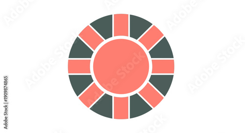Circular graphic design element featuring radial pattern with alternating segments, abstract illustration, modern aesthetic, central focus, symmetrical composition