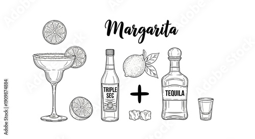 A collection of cocktail ingredients and beverages on a clean white background, viewed from directly above, illustrated in black and white line art