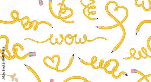 Yellow pencils arranged in a heart shape with 'wow' written, forming a lively pattern, illustration, close-up view