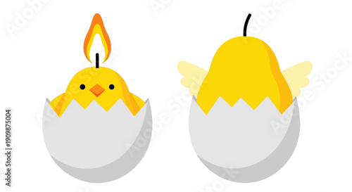 Two chicks hatching from eggs, one fully emerged with flame on head, the other partially emerged with wings visible, illustrated in a simple graphic style
