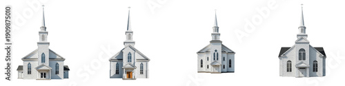 White Church PNG Isolated White Background, Historic Chapel Collection, Christian Cathedral Architecture, Religious Building Clipart, Steeples, Traditional House