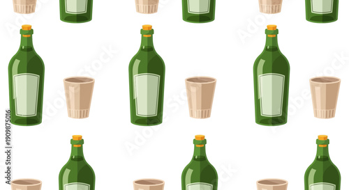 Pattern of green bottles and brown cups arranged in a repeating sequence on a plain background
