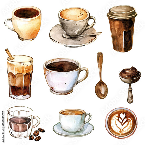 Watercolor collection of nine coffee cups beans and accessories in a grid. Cafe
