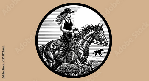 Woman Riding Horse with Flowing Hair in a Circular Illustration