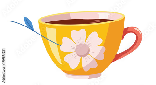 A yellow cup of tea with a flower design and an arrow piercing it from the side, viewed from a straightforward angle.