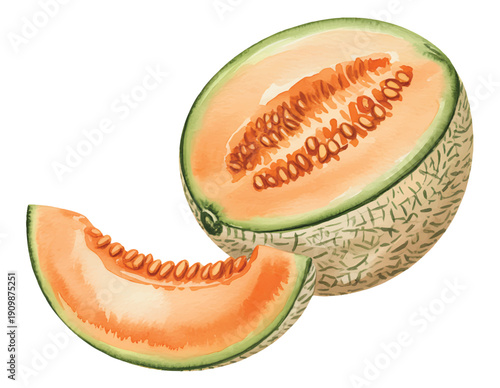 Botanical muskmelon fruit wedges arranged with seeds in natural hand-painted watercolor composition.