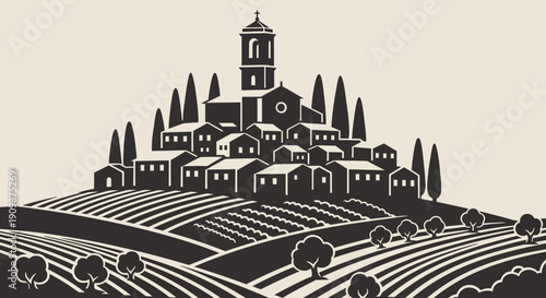 A serene illustration of a hillside village with vineyards and cypress trees, viewed from a distance