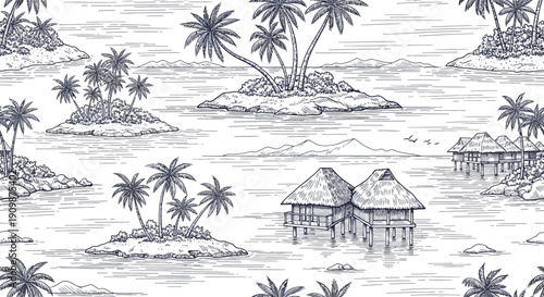 Tropical islands with palm trees and huts in a serene ocean landscape viewed from above
