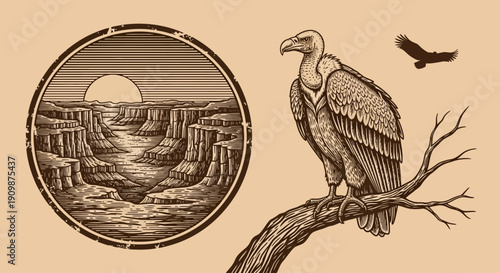 A majestic vulture perched on a tree branch overlooking a serene canyon landscape at sunset from a distant viewpoint