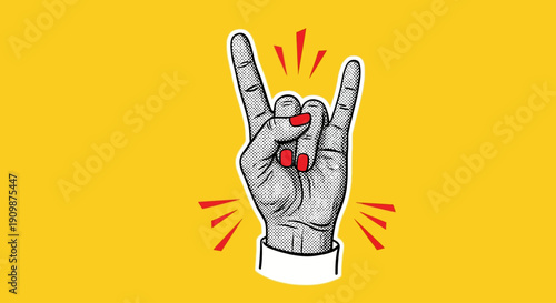 Hand gesture illustration showing peace sign with red nail polish on yellow background, viewed from front