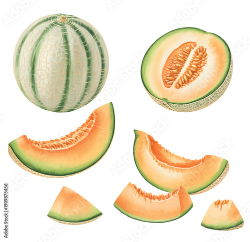 Hand painted cantaloupe melon slices with seeds in soft natural botanical watercolor style.