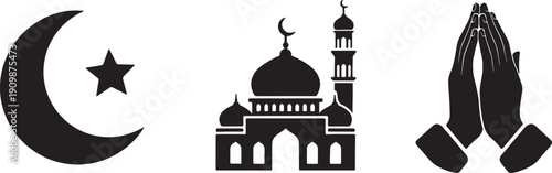 Islamic crescent moon and star, mosque with minaret, praying hands icons, vector illustrations for Ramadan or Eid Mubarak celebration, isolated on transparent background, png